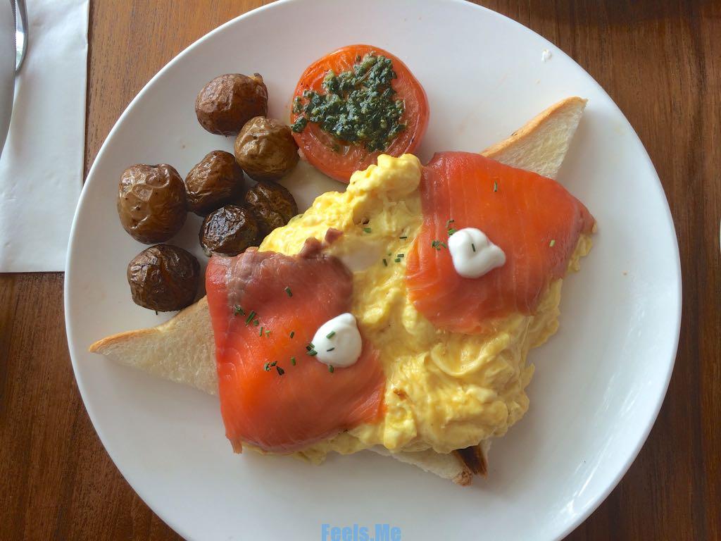 Smoked Salmon Egg and Toast with Baby Potatoes and Tomato.